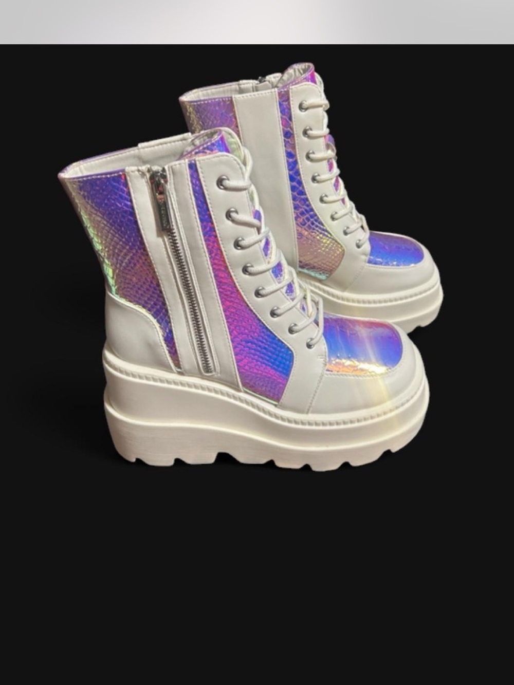 Cape Robbin Holographic Platform Lace-Up Boots - White & Iridescent Purple